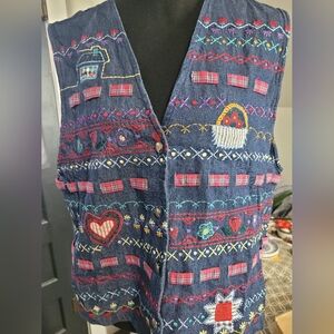 Vintage 90s Y2K Embroidered Western Granny Core Denim Button Down Vest